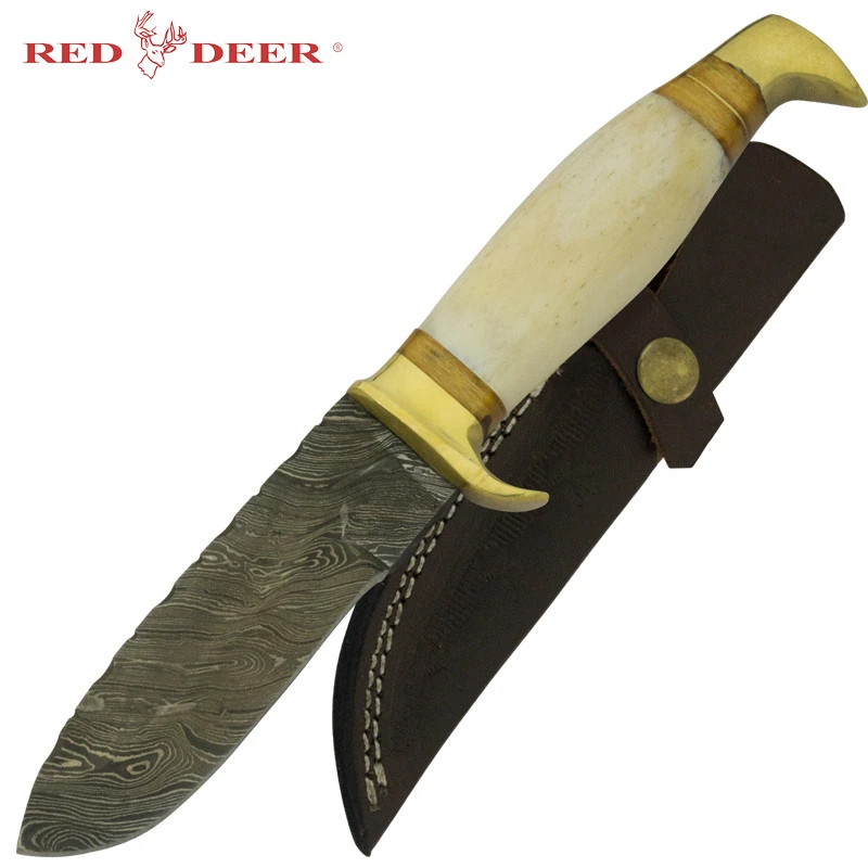 Red Deer Damascus Olive Pakka Wood Handle Hunting Knife
